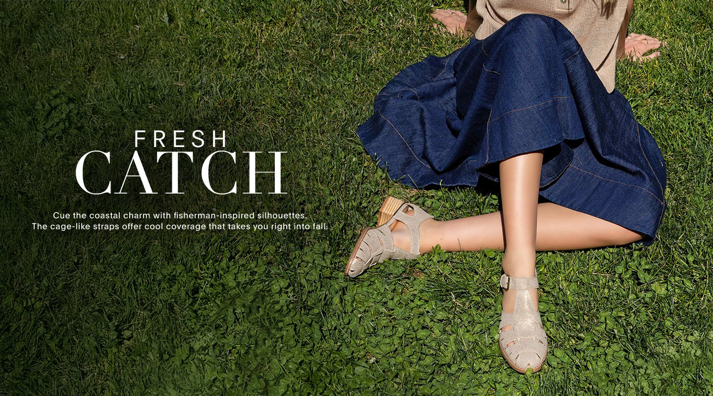 FRESH CATCH Cue the coastal charm with fisherman-inspired silhouettes. The cage-like straps offer cool coverge that takes you right into fall.