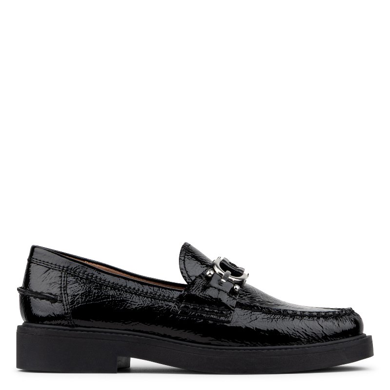 HELAINA Women's Black Patent Leather T-Strap Loafer | Donald