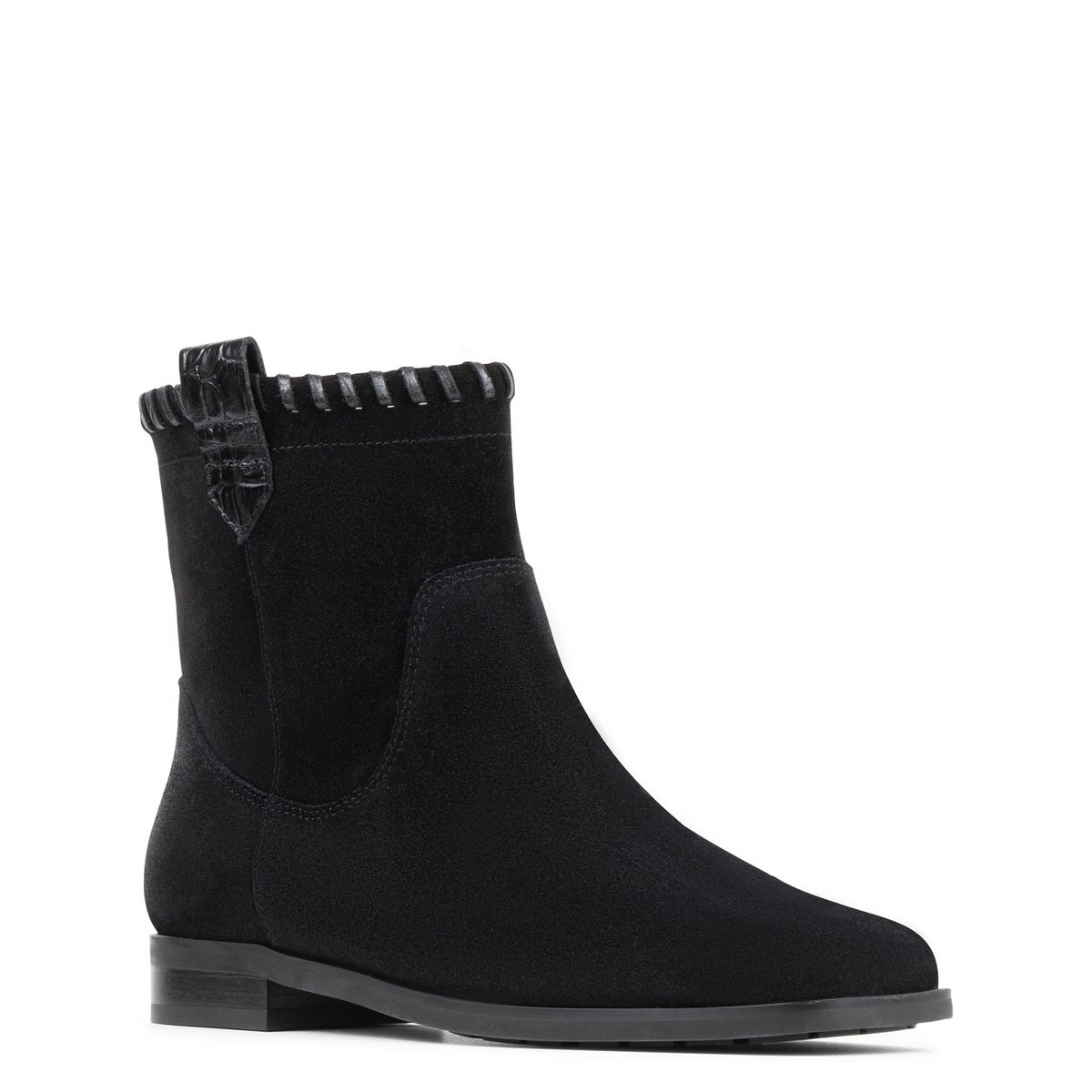 KARTER Women's Black Suede Flat Ankle Bootie | Donald Pliner at