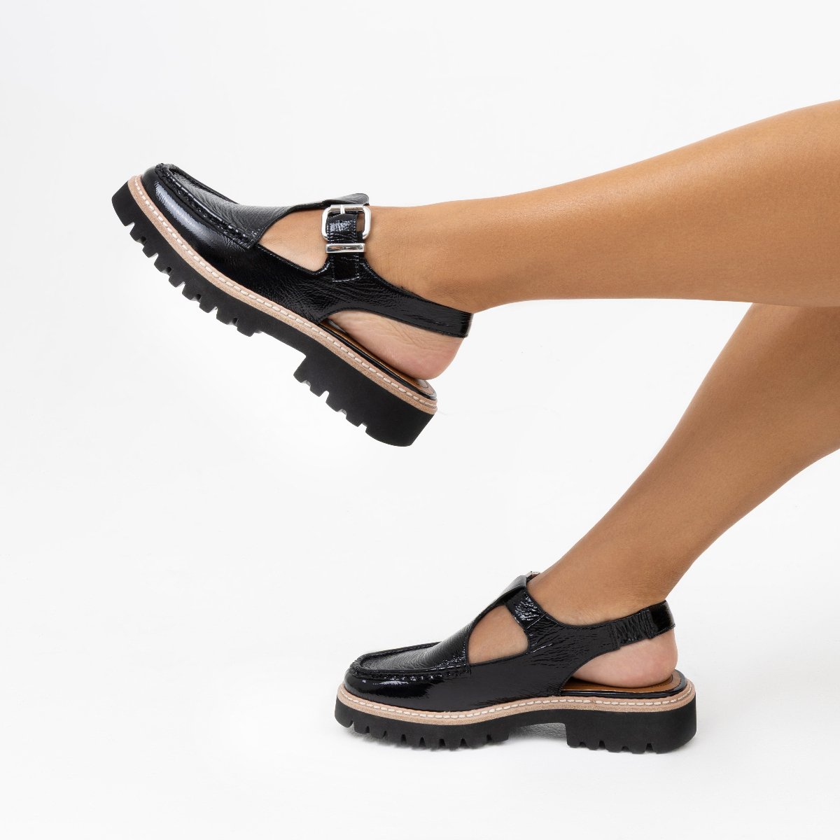 HALLIDAY Women's Black Crinkle Patent Leather T-Strap Loafer