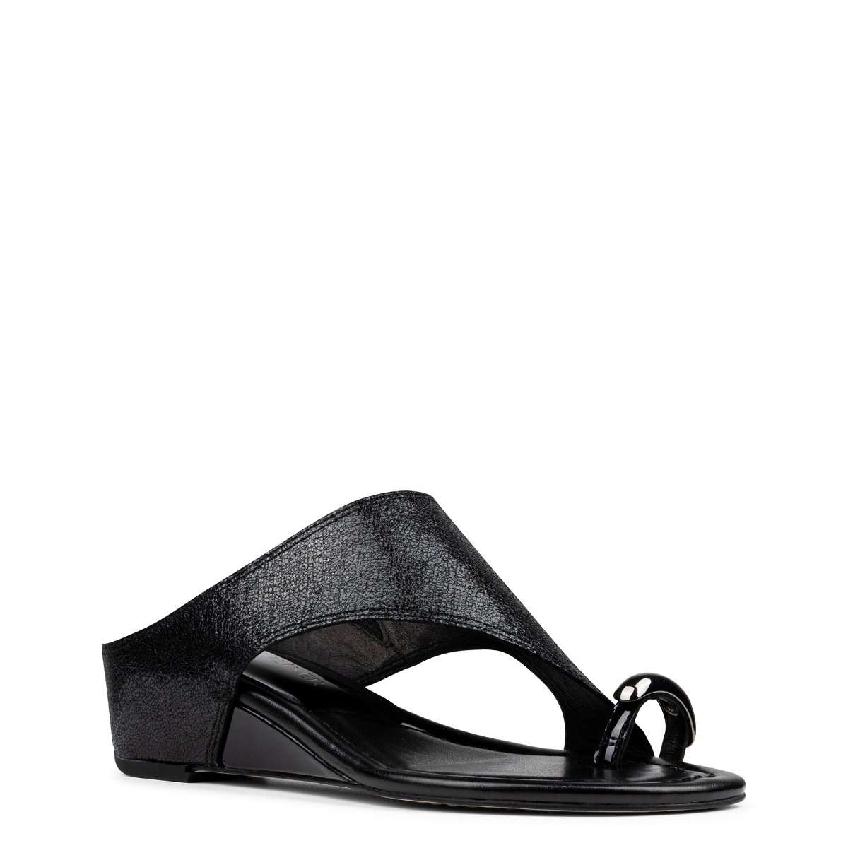 VESNA Toe Ring Wedge Sandal | Women's Metallic Black Leather Wedge